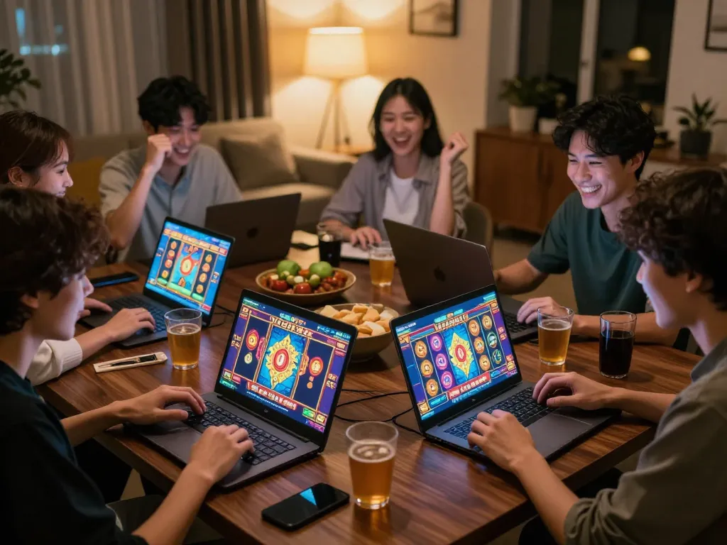 Nổ hũ gameplay excitingly displayed on laptops and tablets in a cozy gaming environment.