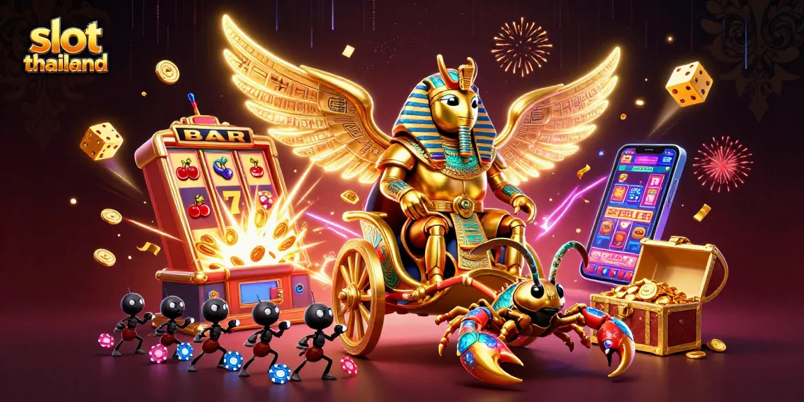 Engage in thrilling slot thailand gameplay with a vibrant illustration of golden scarabs, slot machines, and poker elements.