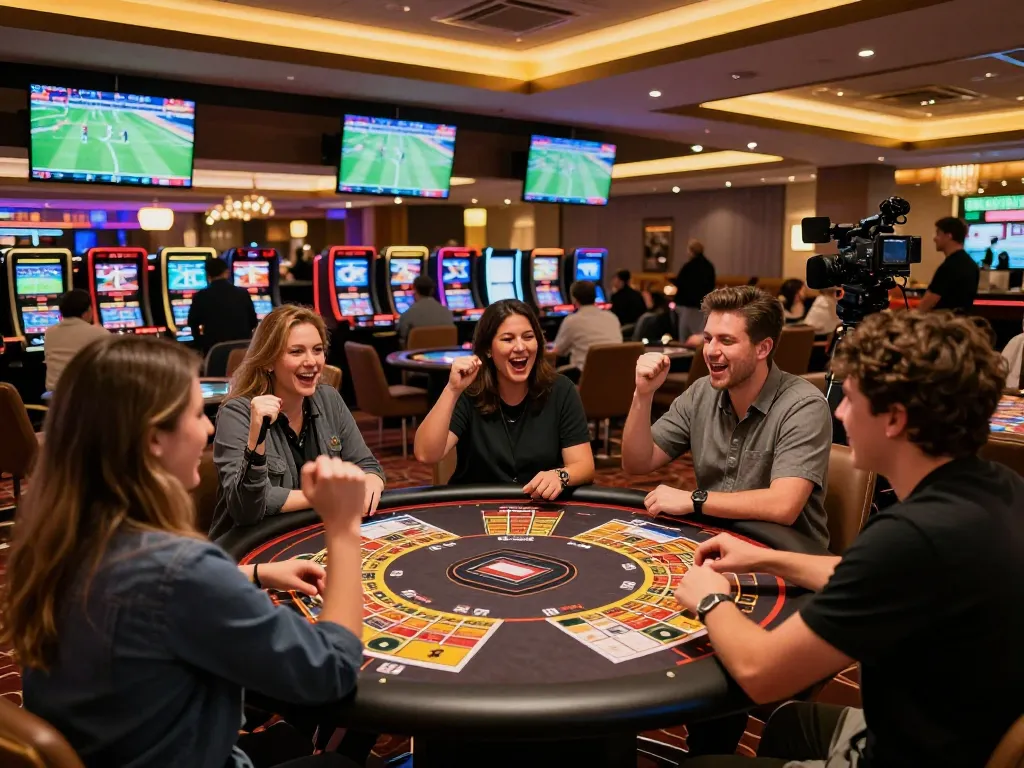 HUBET players joyfully engaging in sports betting during an exciting game night.