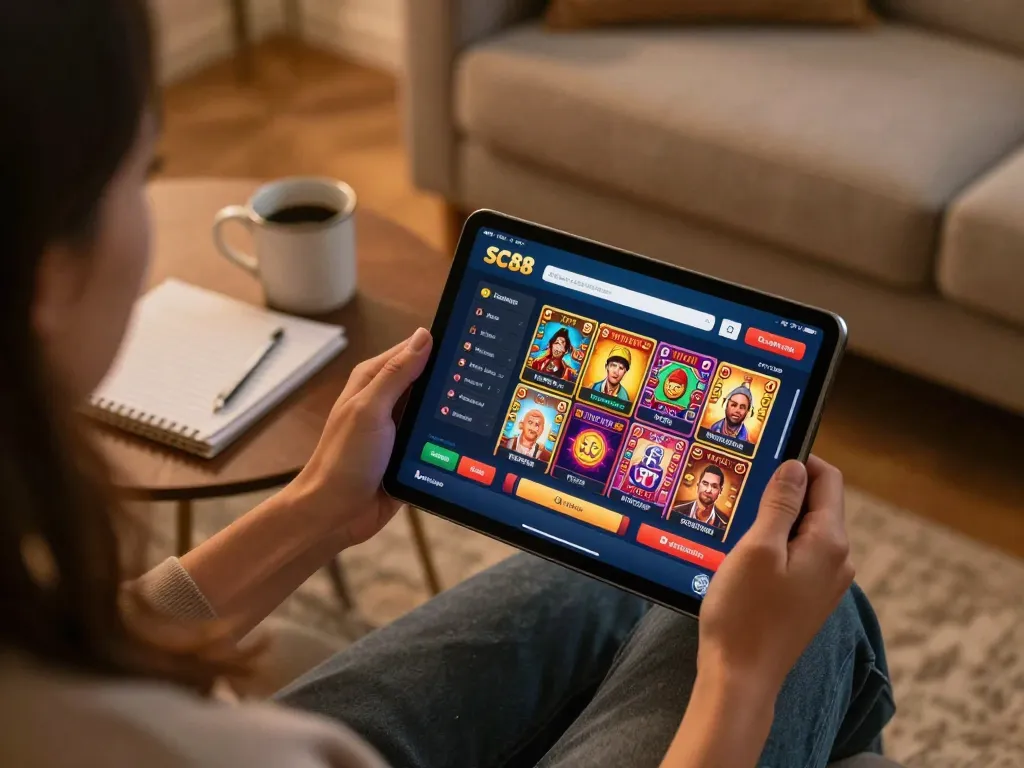 Engaging in SC88 mobile gaming on a tablet in a cozy living room with vibrant graphics.
