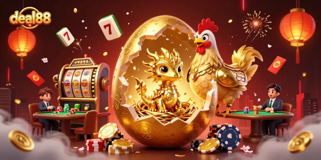 Engage with deal88’s jackpot scene featuring a golden dragon, poker chips, and dynamic casino elements.