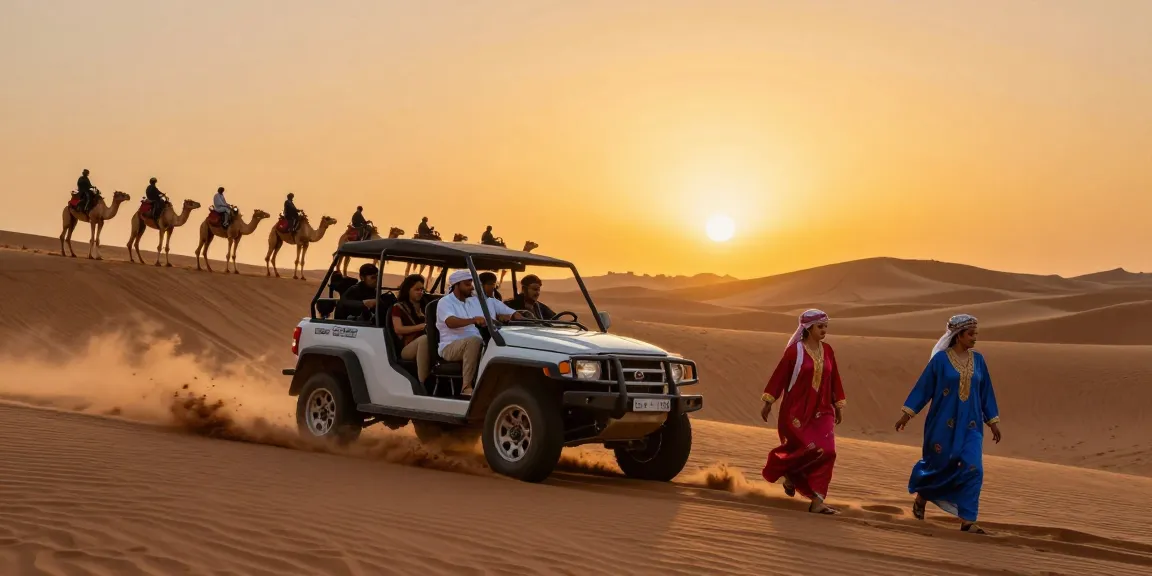 Group enjoying an exhilarating desert safari ride through sand dunes during sunset, showcasing the thrill of adventure.