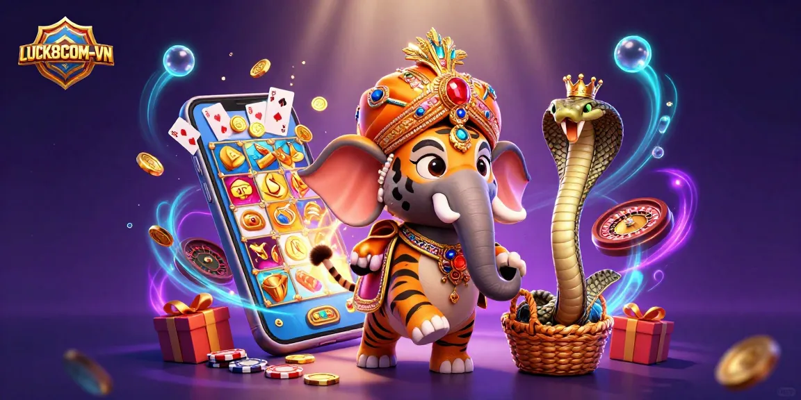 Play colorful slot games with LUCK8COM-VN surrounded by a vibrant 3D casino theme