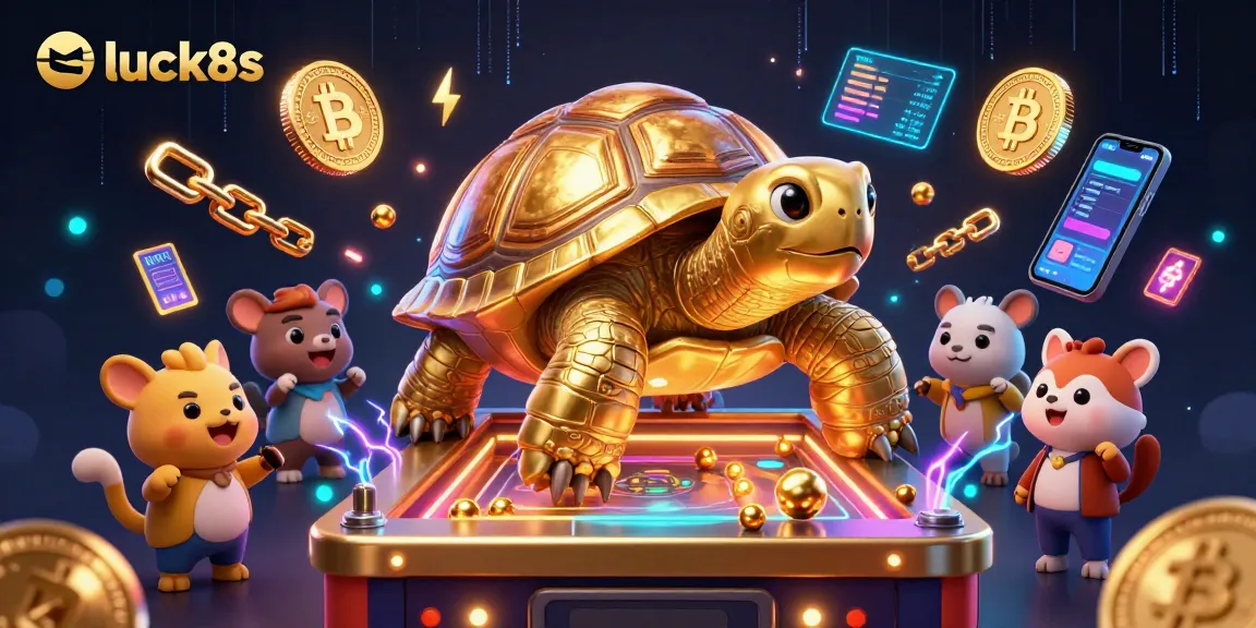 Experience luck8s with thrilling casino action featuring a golden tortoise pinball machine, surrounded by crypto coins.