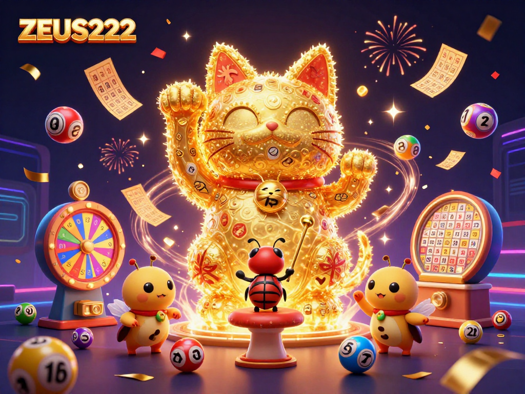 Experience ZEUS222 with a dazzling scene of luck and joy, featuring a lucky cat and vibrant casino elements.