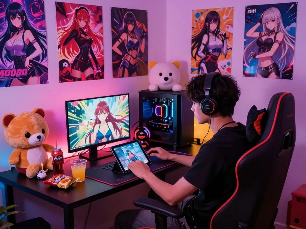 Engaging gamer exploring a sex game on laptop and tablet in a vibrant bedroom setup.