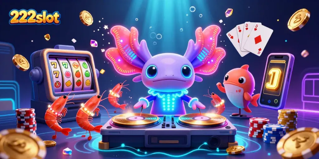 Memenangkan jackpot di 222slot dengan DJ axolotl neon yang menggoda dan kerumunan ikan yang berdansa