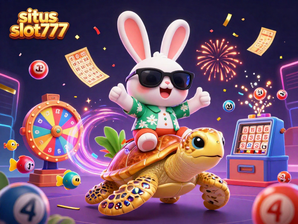 Situs slot777 features a lucky rabbit and golden sea turtle in a lively casino scene with vibrant gaming elements.