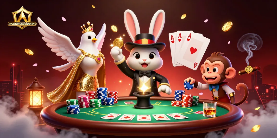 Anatomisebiostats showcases a 3D cartoon magician rabbit casting magic while pulling golden coins, immersed in a vibrant poker scene.