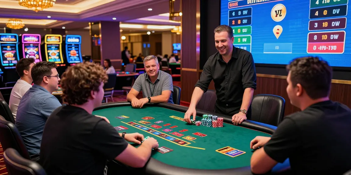 Exciting moment at a credit card casino with players at a blackjack table, showcasing a vibrant gaming atmosphere.