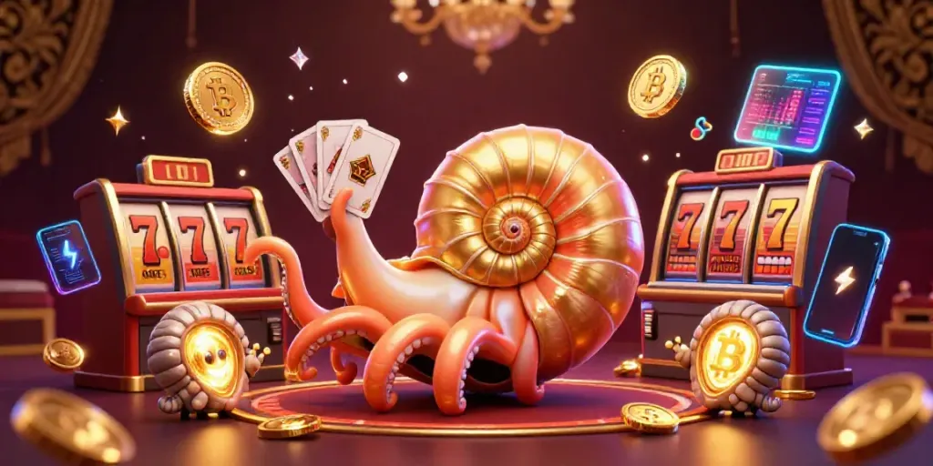 Engage with slot gacor in a vibrant casino scene featuring a nautilus roulette wheel surrounded by dynamic gaming elements.