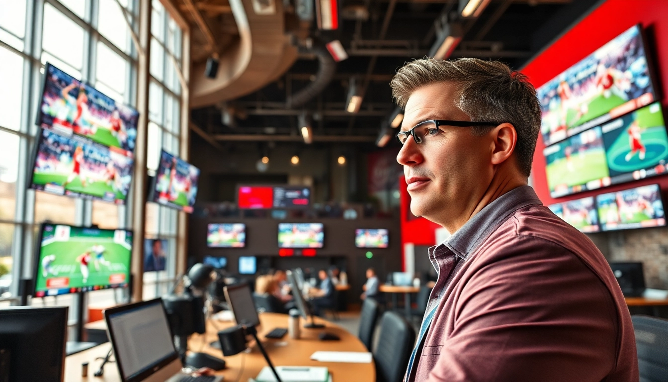 Engaging sports broadcasting announcer in a vibrant studio with multiple screens.