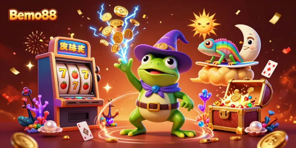 Bemo88 delights players with a vibrant visual of a frog wizard and chameleon creating a golden coin storm.