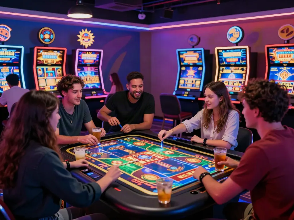 Friends enjoying an exciting akunjp gaming experience at a digital casino table.