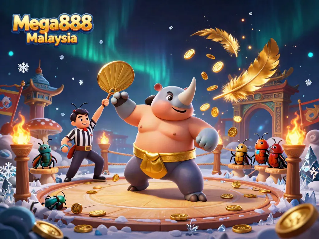 Experience Mega888 Malaysia with dynamic gaming elements featuring a heroic beetle champion and vibrant casino visuals.
