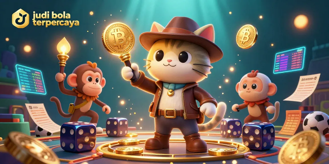 Engage with judi bola terpercaya while watching a cartoon explorer cat uncover a golden artifact surrounded by betting elements.