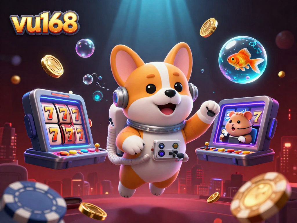 Experience the thrill at vu168 casino with astronauts, vibrant slots, and dynamic gaming elements.