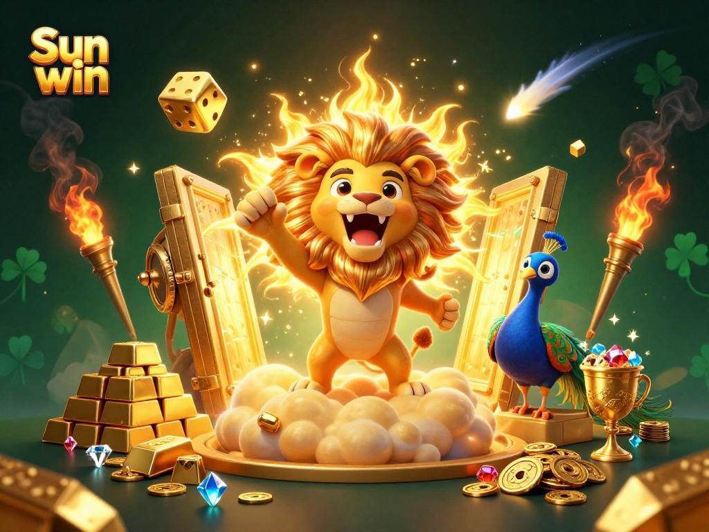 Experience the thrill of Sun win with a vibrant scene showcasing golden riches and a roaring lion.