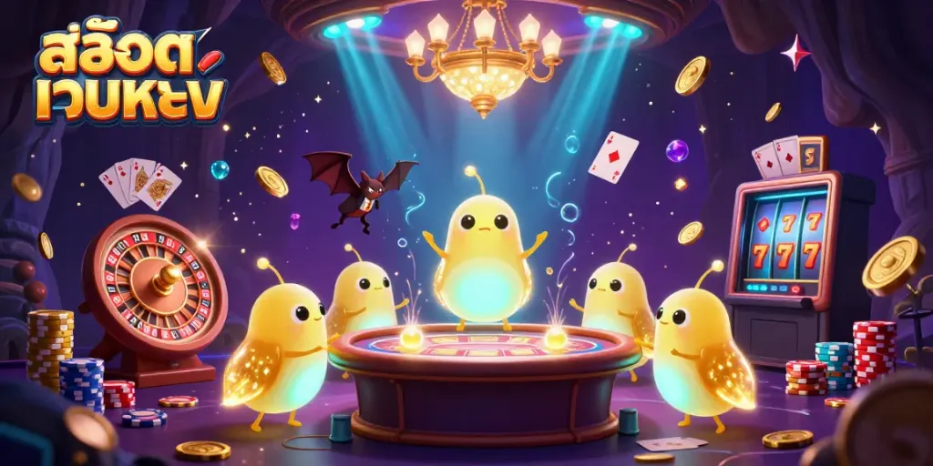 Engage with สล็อตเว็บตรง in this vibrant 3D casino scene featuring glowworms and a bat dealer.