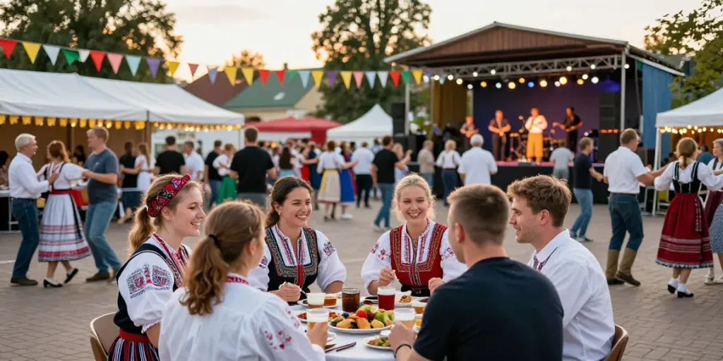 Joyful community festival scene in Lithuania featuring diverse entertainment options and lively interactions, highlighting KurPramogauti.
