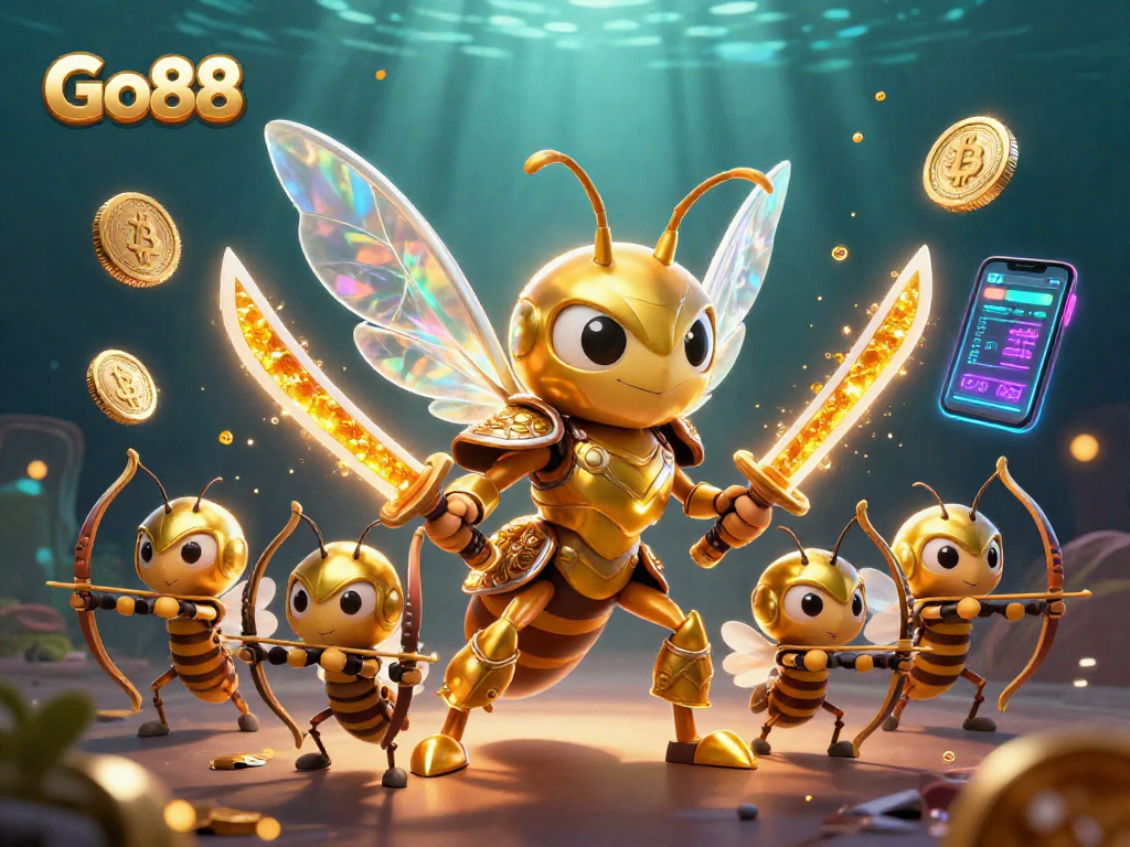 Engage in thrilling gameplay at Go88 with a captivating casino scene featuring a dynamic golden hornet and crypto elements.