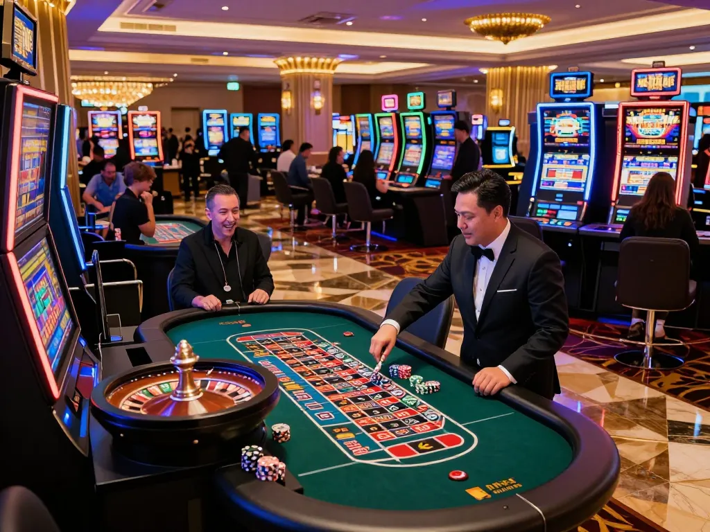 Players engaging with vibrant slot machines and roulette tables at the exciting gameradar casino