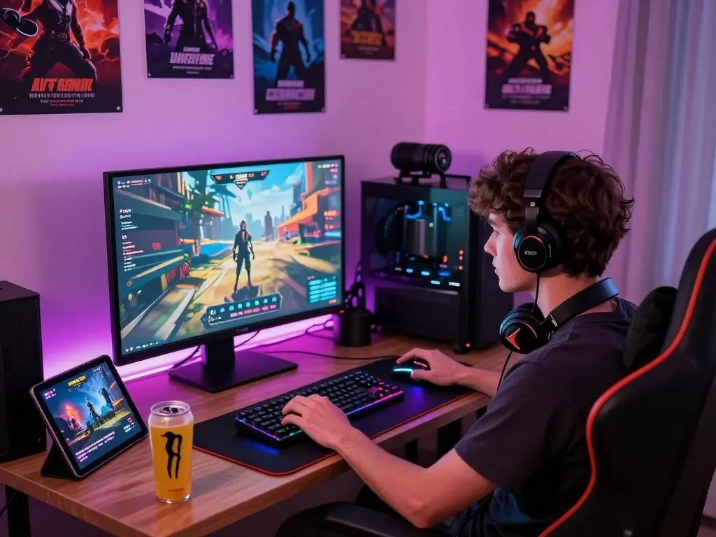 Engaged gamer playing an adult game in a cozy modern gaming room with vibrant lighting.