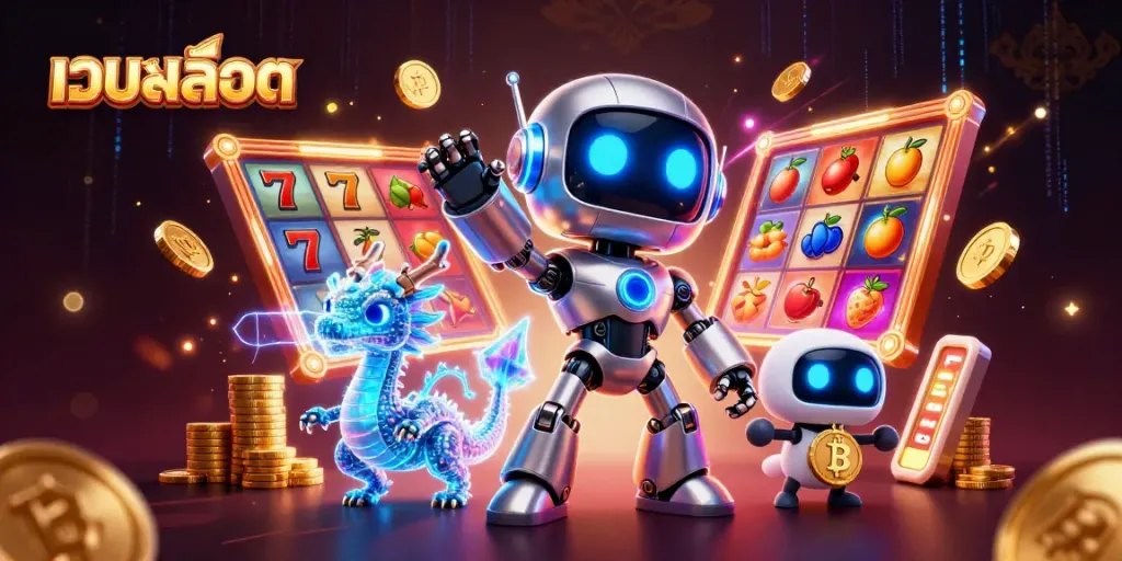 เล่นสล็อตออนไลน์ผ่านเว็บสล็อตกับเพื่อนหุ่นยนต์และมังกรฮอโลแกรมในฉาก 3D ที่สดใส