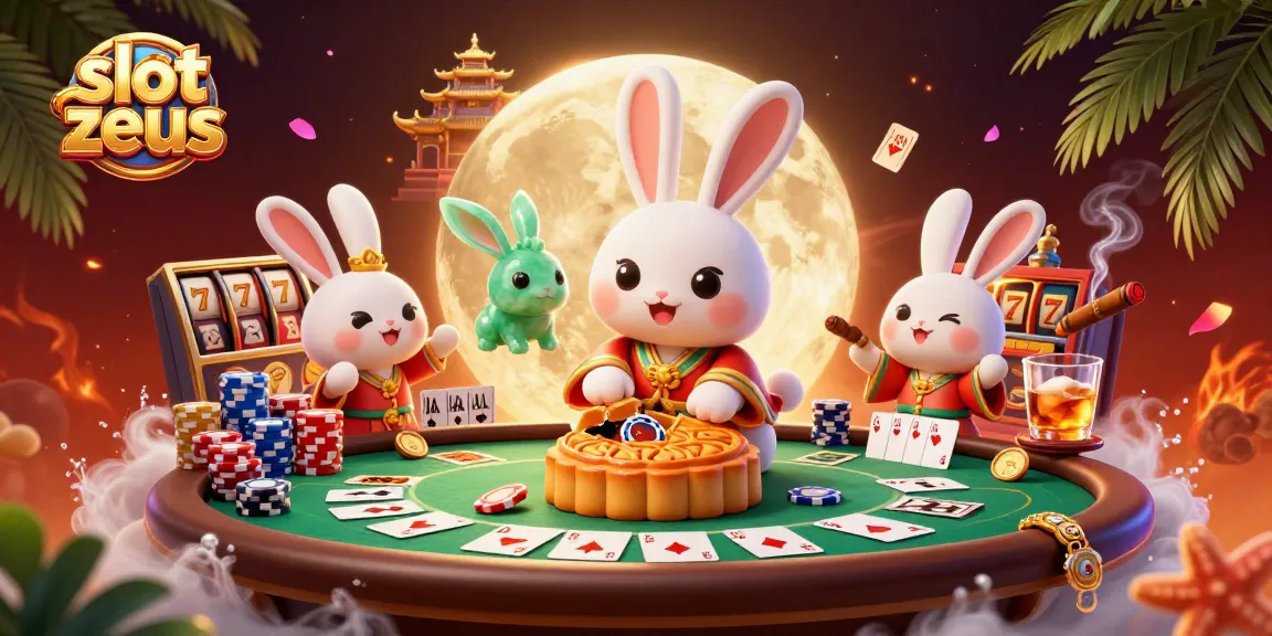 Sparking slot zeus adventure with cartoon rabbit and poker chips in a dynamic casino scene.