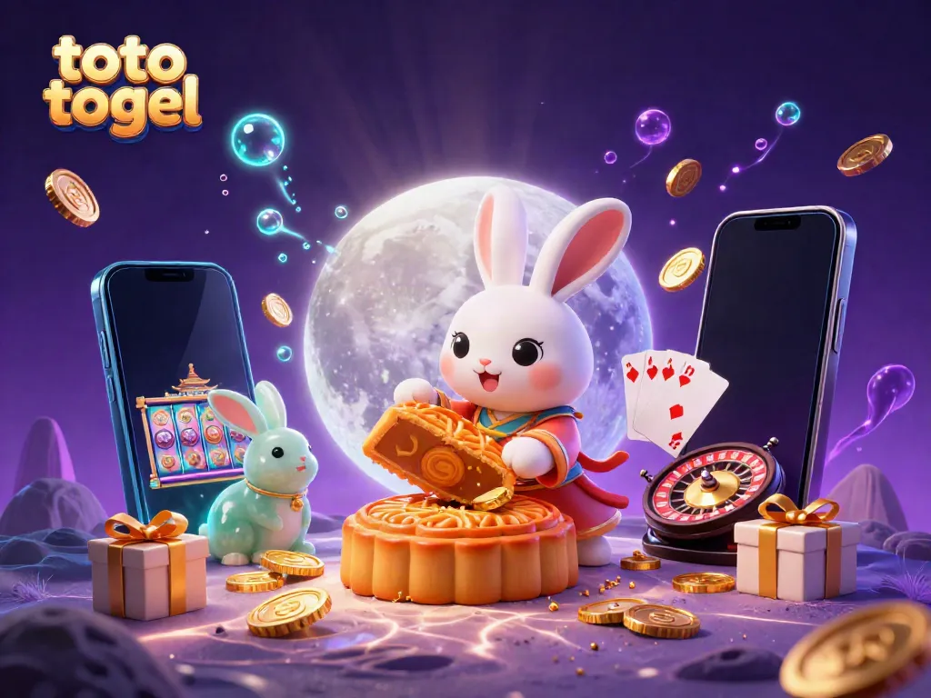 Engage with the vibrant world of toto togel through a whimsical 3D scene featuring a moon rabbit uncovering poker chips.