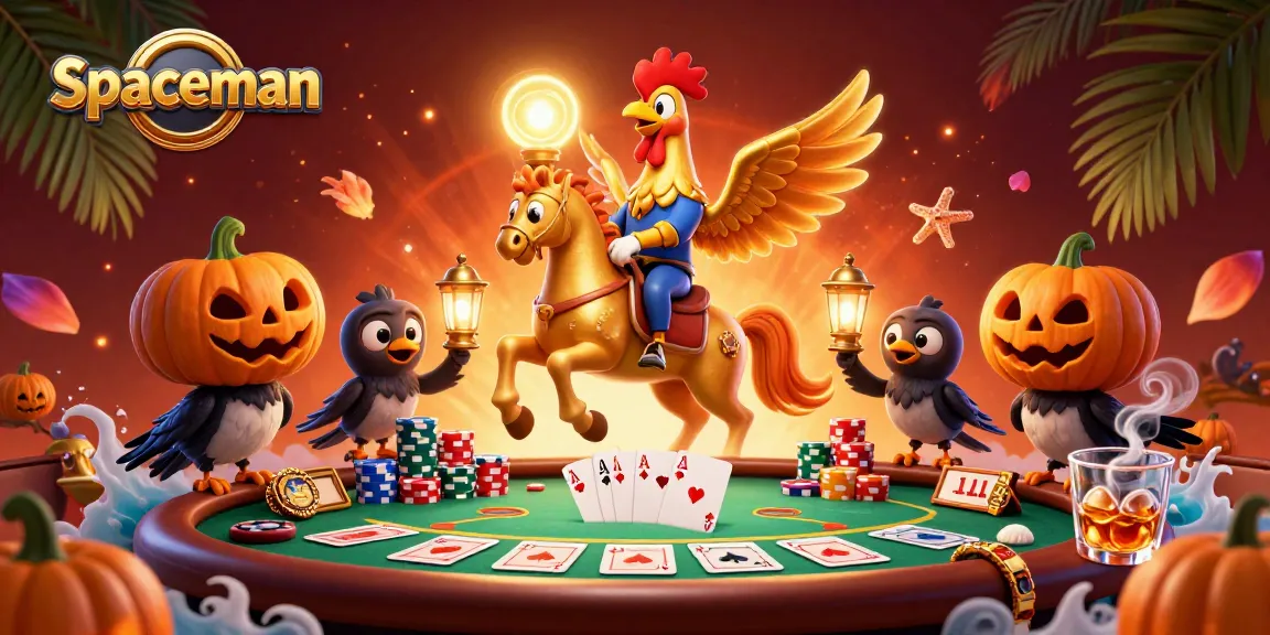 Engage in thrilling poker with the spaceman in a vibrant casino scene filled with colorful chips and ace cards.