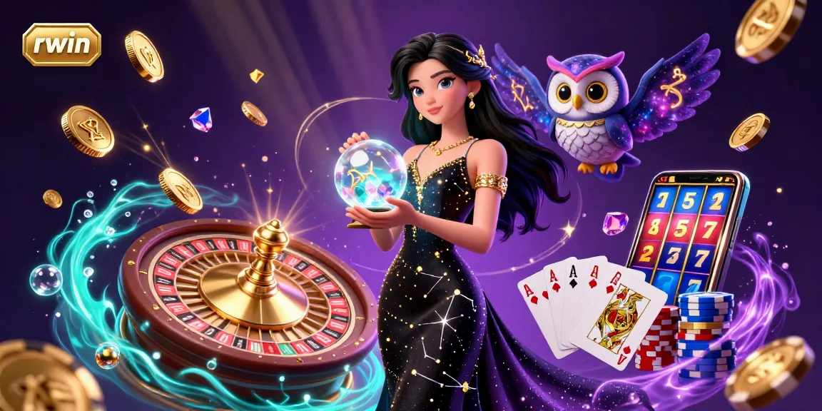 Win big with rwin under vibrant lights, 3D mystical characters, and casino elements bursting with luck.