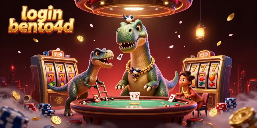 Experience login bento4d at a fantastical casino with a towering brontosaurus, vivid slots, and colorful game elements.