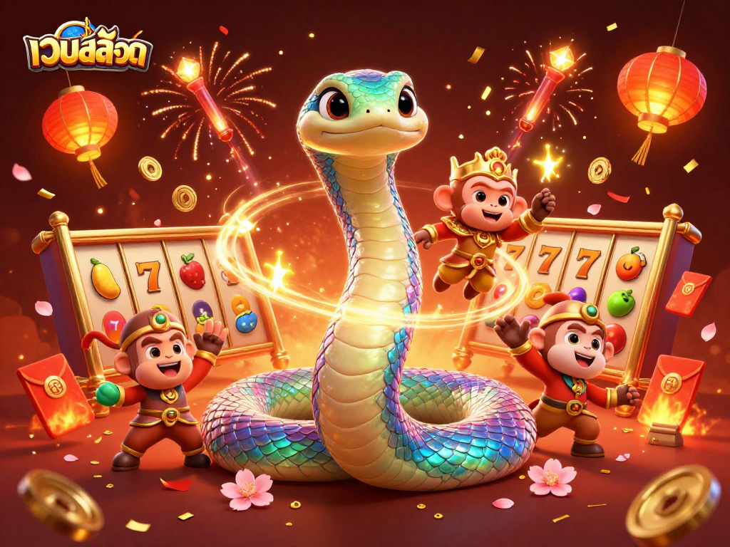 Experience thrilling gameplay with เว็บสล็อต, enjoy vibrant slot reels and colorful characters in an exciting casino scene.