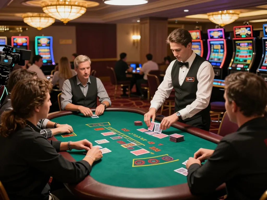 GO88 players engaged at a blackjack table, showcasing excitement in an upscale casino setting.