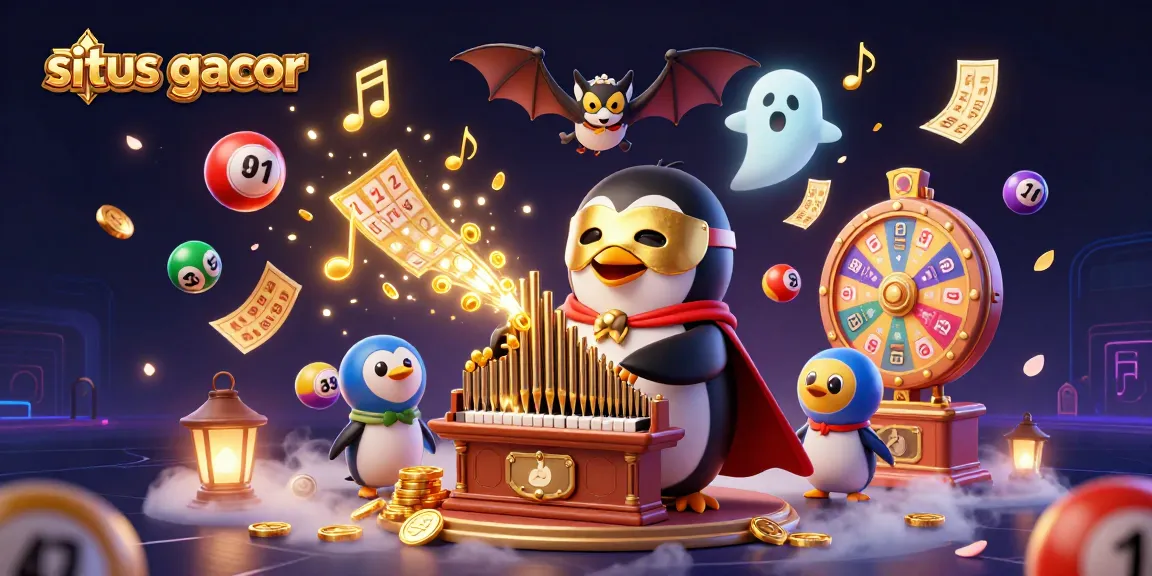 Engage in situs gacor with a vibrant 3D casino scene featuring a penguin organist and colorful game elements.
