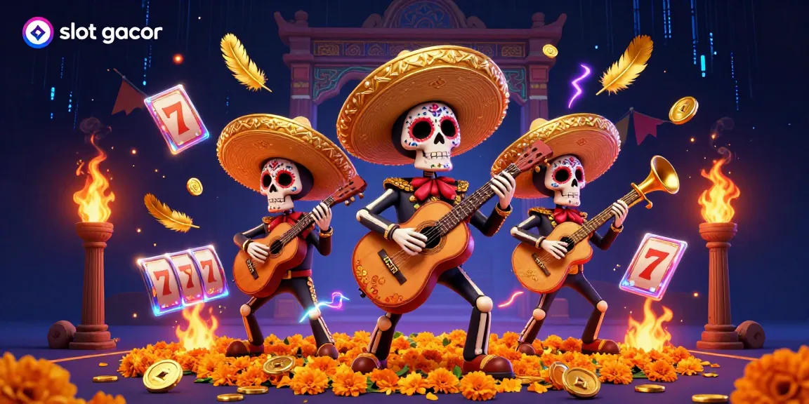 Experience the vibrant slot gacor action with a dynamic mariachi band surrounded by gold coins and thrilling game elements.