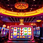 Slot Game interaktif dengan mesin slot berwarna dan suasana kasino yang ceria.