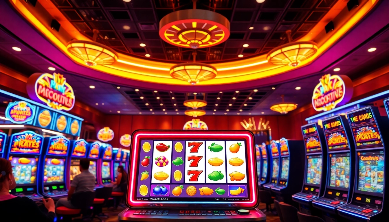 Slot Game interaktif dengan mesin slot berwarna dan suasana kasino yang ceria.