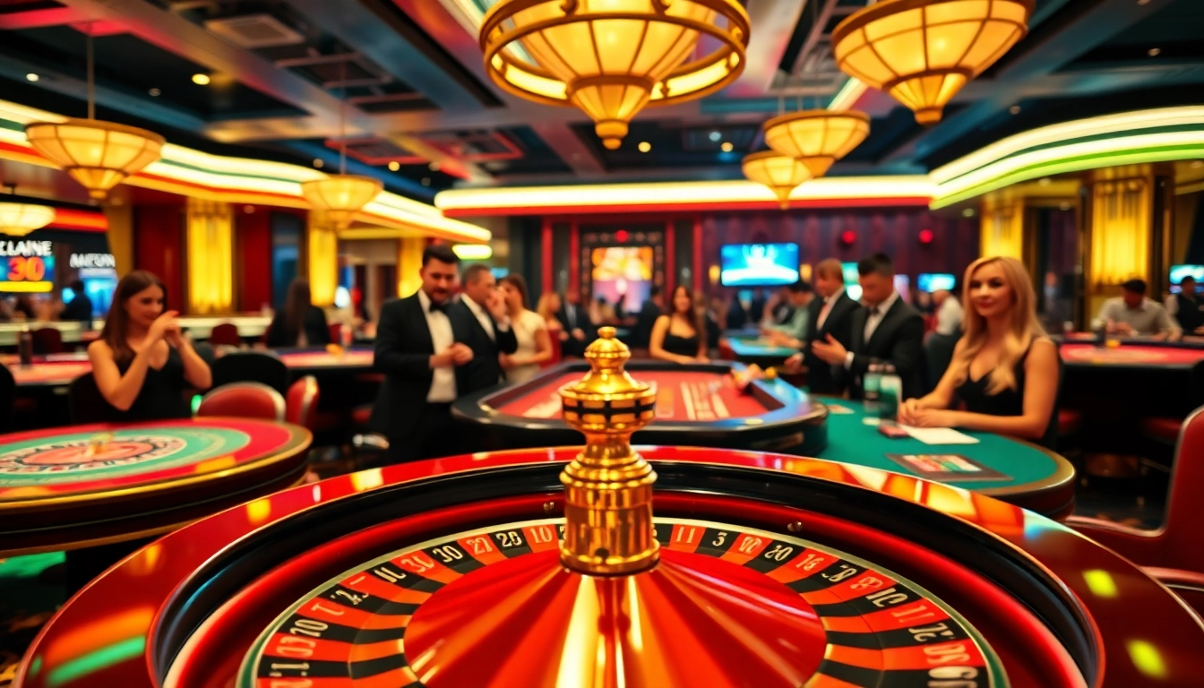 Engaged players at a vibrant casino, enjoying roulette games amidst energetic lights.