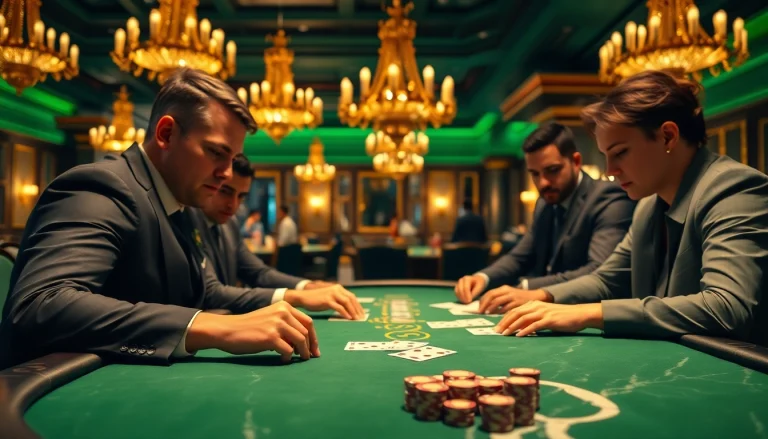 Players concentrate on a high-stakes Blackjack Casino game, emphasizing strategy and excitement.