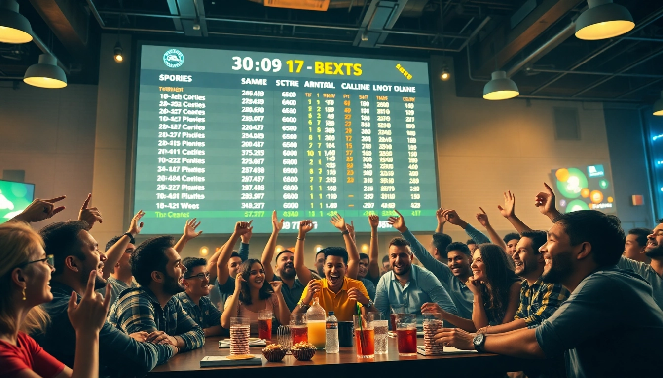 Engaging scene of online betting excitement with fans cheering and live odds displayed.