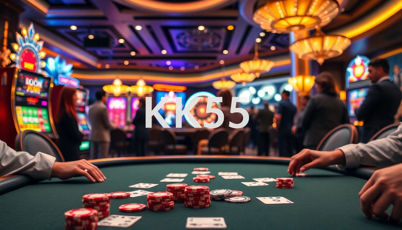 Engage with high-stakes poker action at the KK55 luxury casino table with colorful chips.