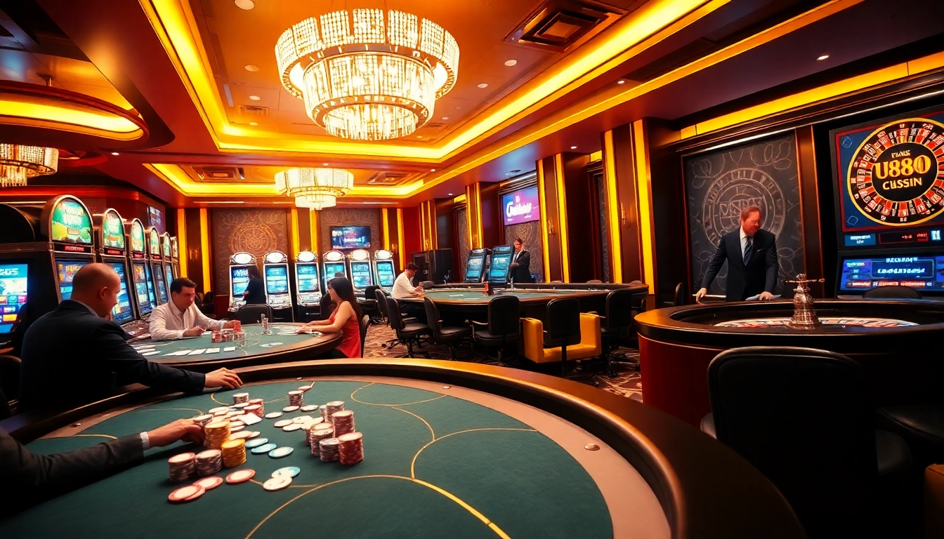 Experience the thrill of gaming at u888 with players engaged in intense poker action amidst vibrant casino visuals.