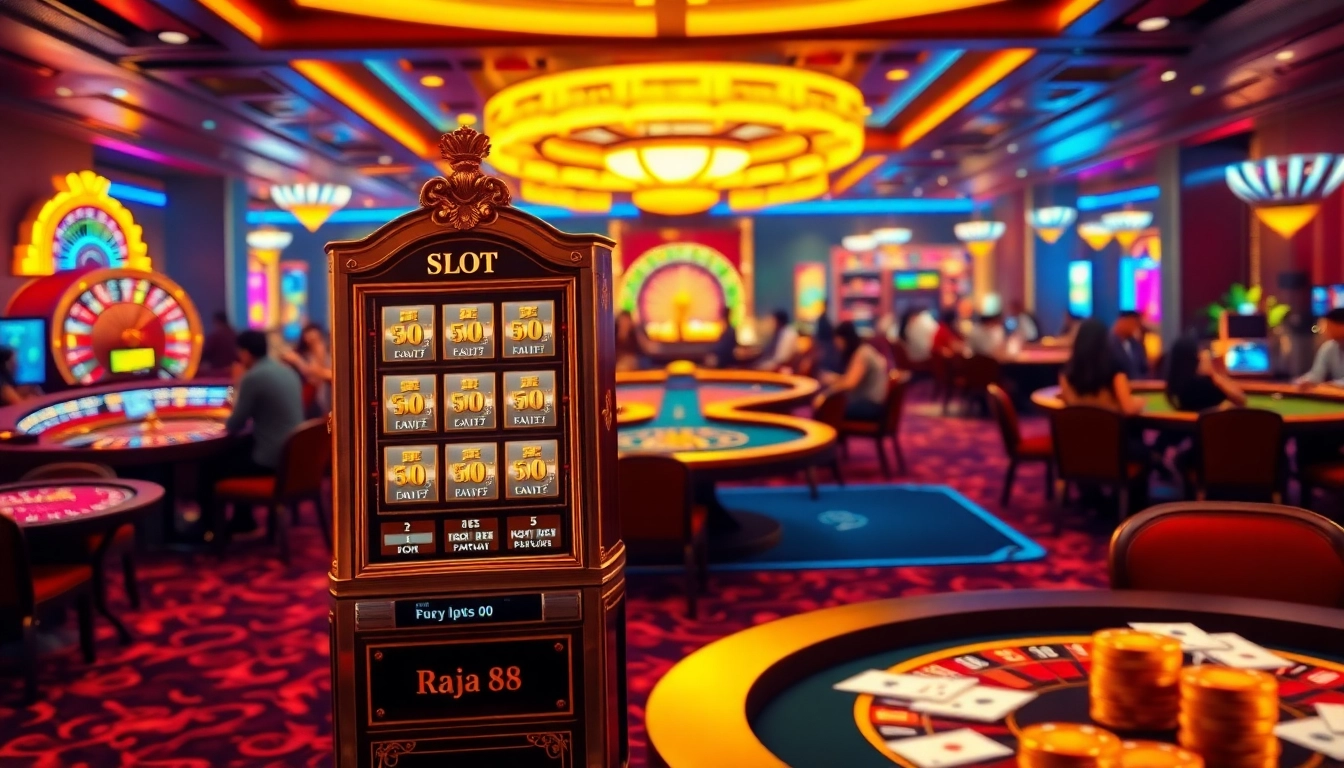 Engage with the thrill of Slot API Raja 88 at an exciting casino table with vibrant lights and sleek machines.