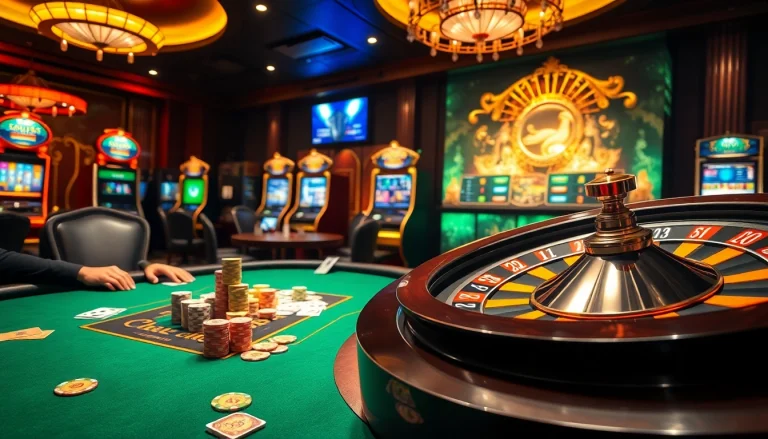 Vibrant casino scene showcasing 88i nhà cái poker table action with colorful chips.