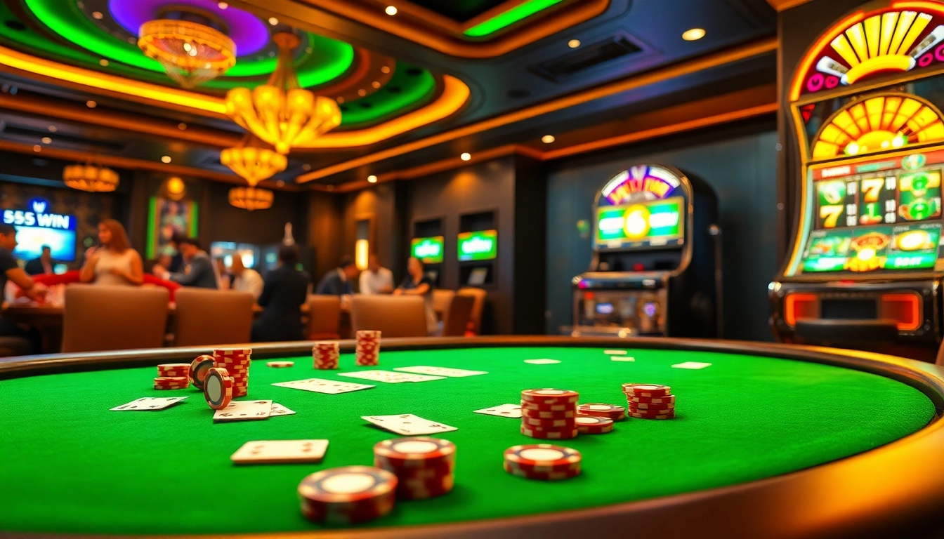 Experience the thrill of gaming at 555win casino with vibrant poker tables and spinning roulette wheels.