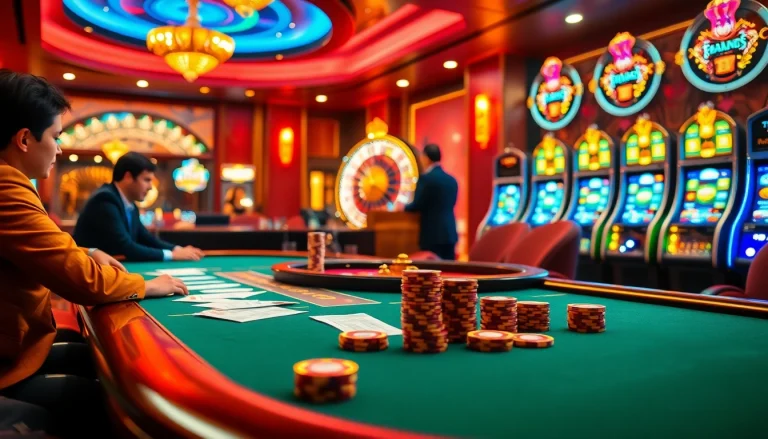 PPlayers enjoying a thrilling poker game at pahala4d casino with colorful slot machines in background.