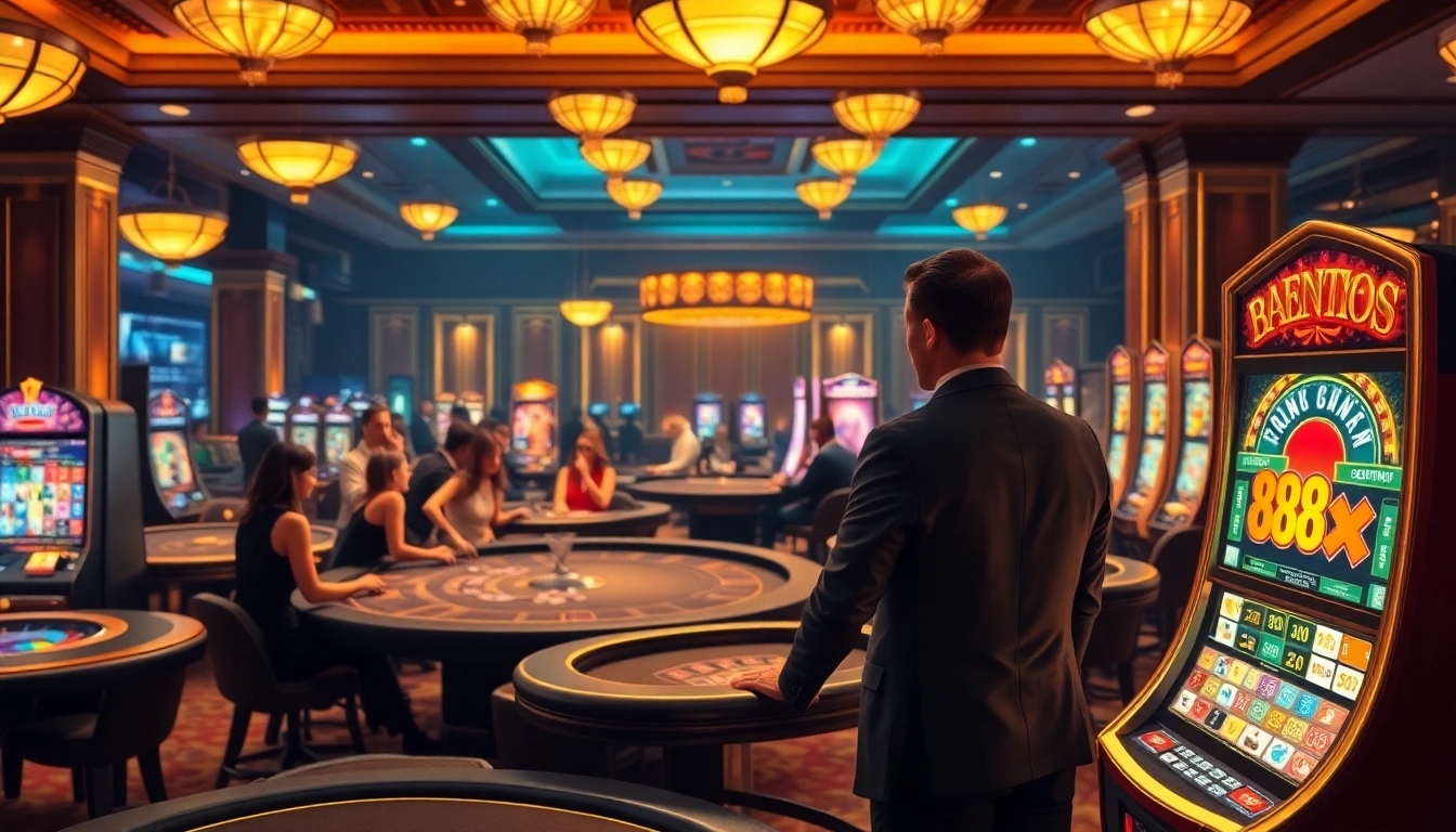 Exciting casino scene featuring the 88xx com slot machine surrounded by players at various gaming tables.