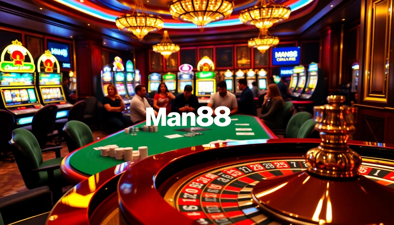 Players enjoying a high-stakes poker game at Man88, surrounded by vibrant slot machines and a roulette wheel.